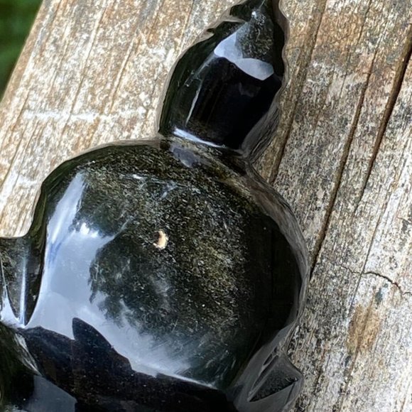 Aztec Black Onyx Gold Mayan Obsidian Carved Statue Stone Sitting Tiki Figure - Picture 8 of 13